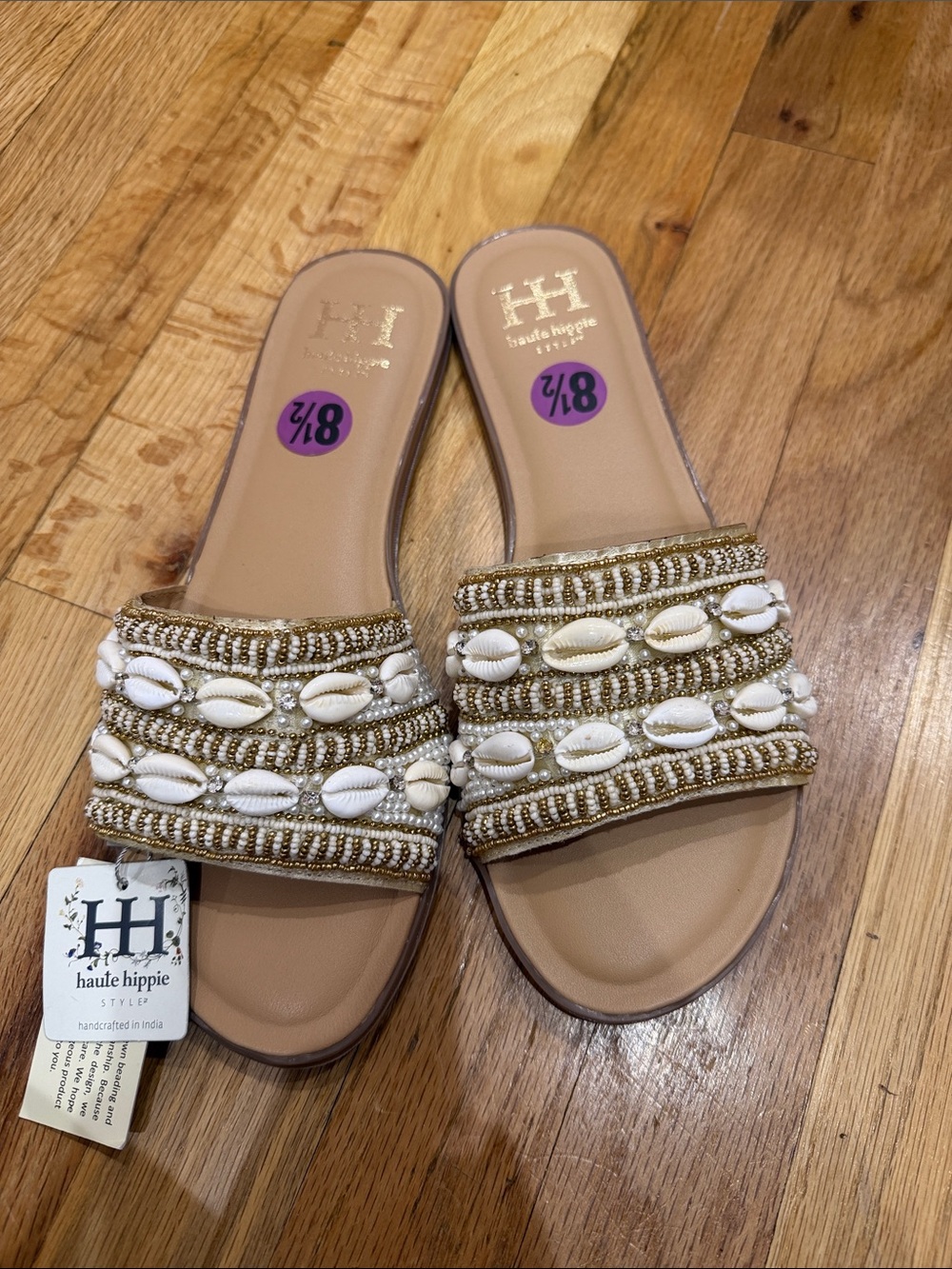 Haute Hippie Gold and Beige Beaded Shell Slide Sandals